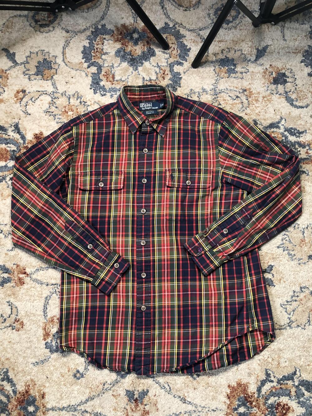 Polo Ralph Lauren Shirt Mens Medium Plaid Whitfield Classic Fit Long Sleeve Red